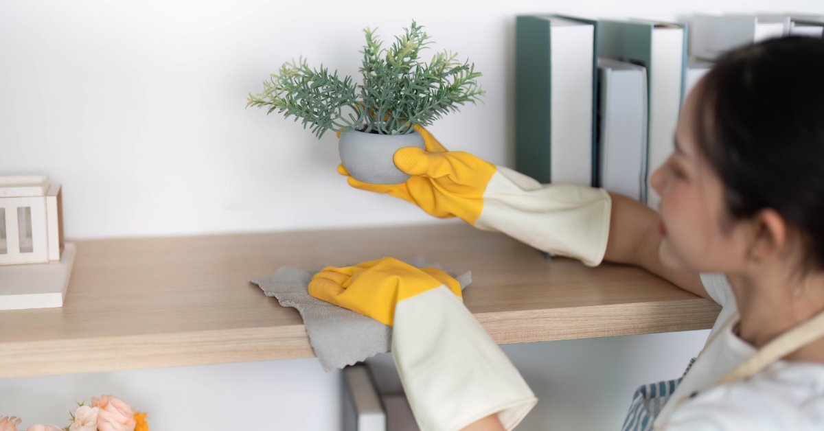 A woman wearing yellow gloves placing a small potted plant on a wood shelf beside folders and a cloth.