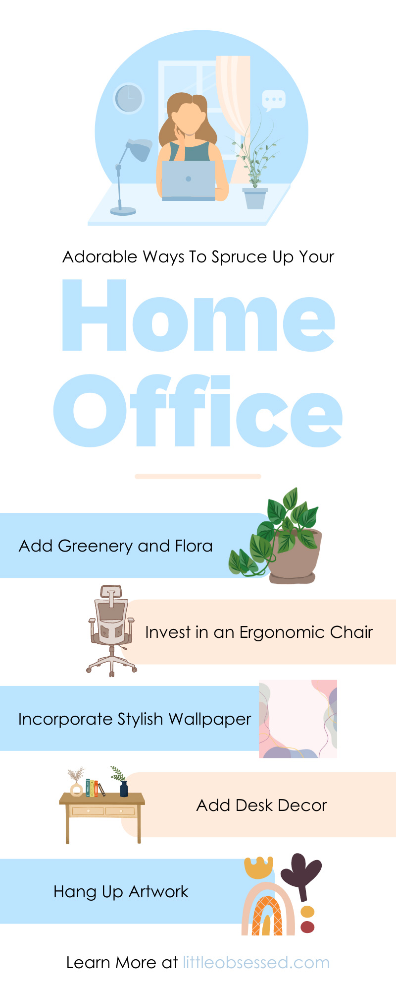 <p>A home office is an excellent way to obtain privacy and hunker down to do your work. However, your office should feel inspiring and encourage creativity. Check out these <strong>adorable ways to spruce up your home office </strong>that will improve your mood and your room’s style.</p><h2>Add Greenery and Flora</h2><p>Did you know that houseplants can help purify the air in your home? If your office lacks life or colors, greenery and flora can make a considerable difference in the mood of your space. You can choose from a multitude of sturdy houseplants, such as succulents, pothos, snake plants, spider plants, jade plants, and many more.</p><p>You can also start an herb garden in your window to grow edible plants and release a delightful scent throughout your office. Flowers and houseplants can enhance the smell of your office, naturally removing odors from the air. Furthermore, they can help improve the mood of your office space considerably. </p><h2>Invest in an Ergonomic Chair</h2><p>When you spend hours at a time focused on work, your body can become compromised due to improper chair support. A stylish ergonomic chair can make a considerable difference in how you feel at the end of the day, as it provides proper support so you don’t have to adjust your body throughout the day.</p><p>Not only are ergonomic chairs helpful in improving your focus and how you feel, but they can also visually enhance the look of your office space. You can choose from many styles and colors, from neutral shades to brighter, eye-catching hues. While ergonomic chairs can come with a higher price tag, a comfortable place to sit is worth the investment.</p><h2>Provide Additional Seating for Guests</h2><p>While your home office offers privacy so you can focus on everyday tasks, you might have a visitor from time to time. If coworkers come to your home office for work purposes, additional seating can add style to your space and help your colleagues feel more comfortable. Many guest seating options are stylish and sleek, especially when paired with a coffee table or end tables.</p><p>Consider the type of seating you want to provide for visitors. Do you want to add a couple of comfortable chairs, or would you prefer a small couch? Is additional seating necessary for your office space? Do you have visitors often? If so, extra seating is an incredibly considerate option that also enhances the professionalism of your office.</p><h2>Incorporate Stylish Wallpaper</h2><p>One benefit of having an at-home office is making the room completely your own. If you have dull walls, you can brighten them with eye-catching, artistic wallpaper. Choose a wallpaper style that suits your tastes and interests, from different color combinations to unique patterns.</p><p>You can opt for stick-on wallpaper, wood wallpaper, vinyl, textured wallpaper, or another choice for the perfect addition to your office space. The possibilities are limitless, with options including animal print, floral and greenery, patterns, glittery or reflective styles, solid colors, and more. You can make one wall your office’s focal piece or background accent to match your room’s overall theme perfectly.</p><h2>Add Desk Decor</h2><p>If your work desk currently only has a notebook and a computer, you can go above and beyond to make it visually captivating. If you love stationery and taking notes, you can find colorful, themed writing supplies to help you feel more inspired as you work. For instance, choosing writing supplies, such as pens, pencils, notepads, erasers, pencil holders, organizers, sticky tabs, and more, with the same colors or patterns can make your desk appear more organized and cohesive.</p><p>Furthermore, adding desk decor can help with everyday stressors while keeping your desk looking more filled out. You can find miniature Zen gardens, greenery, calendars, diffusers, fidget toys, and other goodies to help brighten your desk space. Small additions to your desk can help bring a touch of your personality into your office.</p><h2>Hang Up Artwork</h2><p>A home office should always have personality. You can transform a drab, uninteresting office into a flashy, visually impressive one by adding wall art and decor. Determine your theme and layout before installing any of your art pieces so you can keep things cohesive and exciting.</p><p>There are many themes to choose from to make your home office stand out. You can even use a painting, wallpaper, or a specific piece of decor as a focal point to center your entire office around. Decorating your office is a perfect opportunity to be creative and think outside the box.</p><h2>Take Time To Clean Up</h2><p>As time passes, your home office can become dirty and dusty or accumulate debris. If your office has become more cluttered than usual, take time out of your schedule to create a cleaning routine. Your office will look better because of it, and you’ll feel better as you sit down to focus on work.</p><p>If you live with allergies, cleaning up dust and other contaminants can help reduce allergic reactions. Also, bringing clients or employees to your home office will feel less nerve-wracking when you maintain a clean, organized space. Take the time to manage files, optimize your computer, dust surfaces, clean up spills, and put away unnecessary items.</p><h2>Make the Flooring Cozy and Soft</h2><p>Replacing the flooring in your home office can be time-consuming and expensive. Instead of replacing the flooring, invest in a beautiful center rug and accent rugs to give your floor visual interest. There are many rug options available, including animal print, geometric, floral, distressed, faux fur, and many more.</p><p>Adding rugs is not only an <strong>adorable way to spruce up your home office</strong>, but it also provides comfort and coziness. If you have hardwood flooring, a plush rug can help prevent tired, aching feet. It also gives you a different place to sit if you want a break from working at your desk. You can place a coffee table and a meditation pillow on your rug and enjoy a break by stretching your legs.</p><p>Whether you’re looking to redecorate your office or gift small goodies to friends or loved ones, Little Obsessed offers the best miniature gifts. We specialize in small, unique items that considerably impact someone’s life, making them the perfect gifts for an array of occasions. Also, our <a href="https://www.littleobsessed.com/desk-accessories/">mini desk items</a> make wonderful additions to your desk—from miniature Zen garden kits to tiny house box calendars, you’ll find exactly what you’re looking for. If you have any questions about our miniature items and goodies, feel free to reach out.</p>